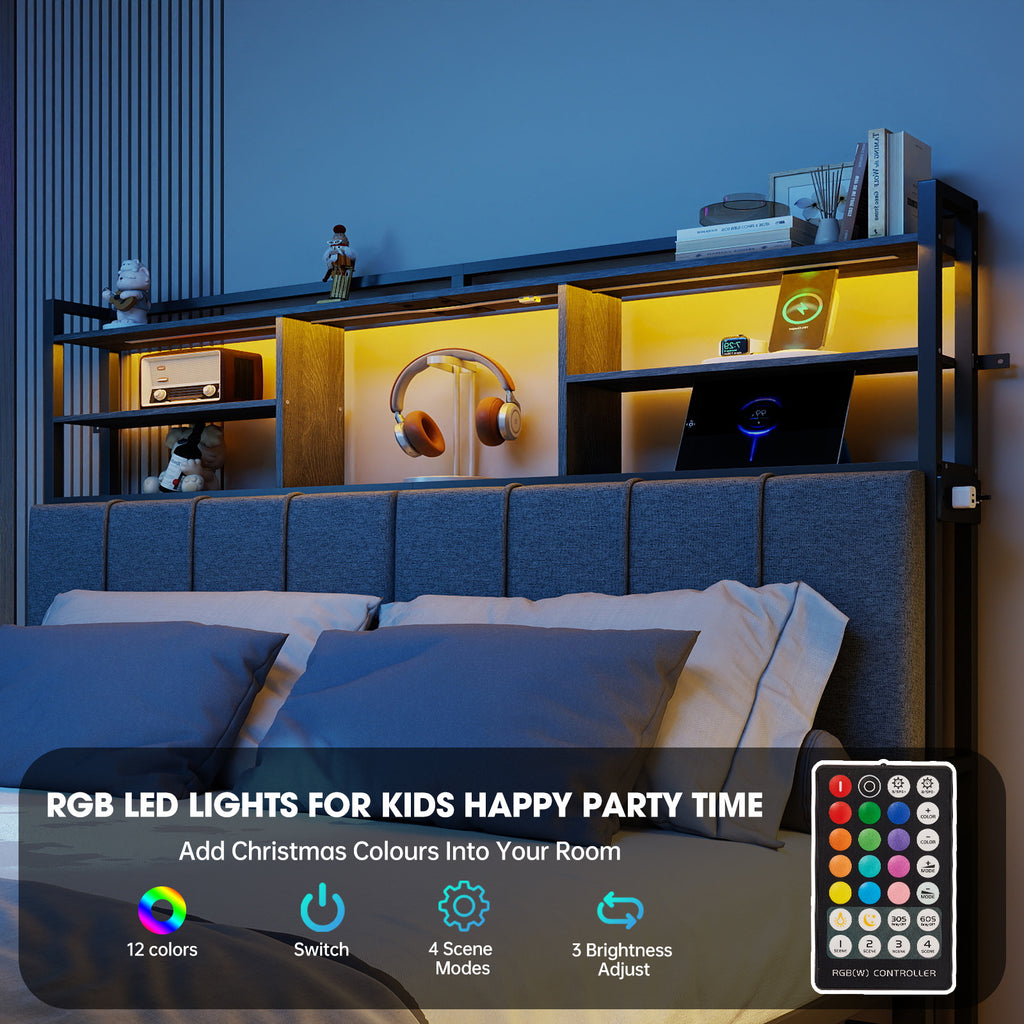 Upholstered Headboard with RGB LED & 5 Storage Cubes – USB / Type-C / Outlets – Twin to King