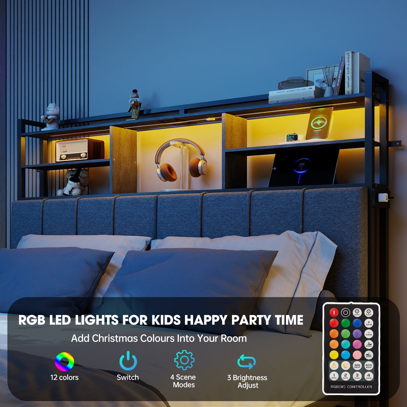 Upholstered Headboard with RGB LED & 5 Storage Cubes – USB / Type-C / Outlets – Twin to King