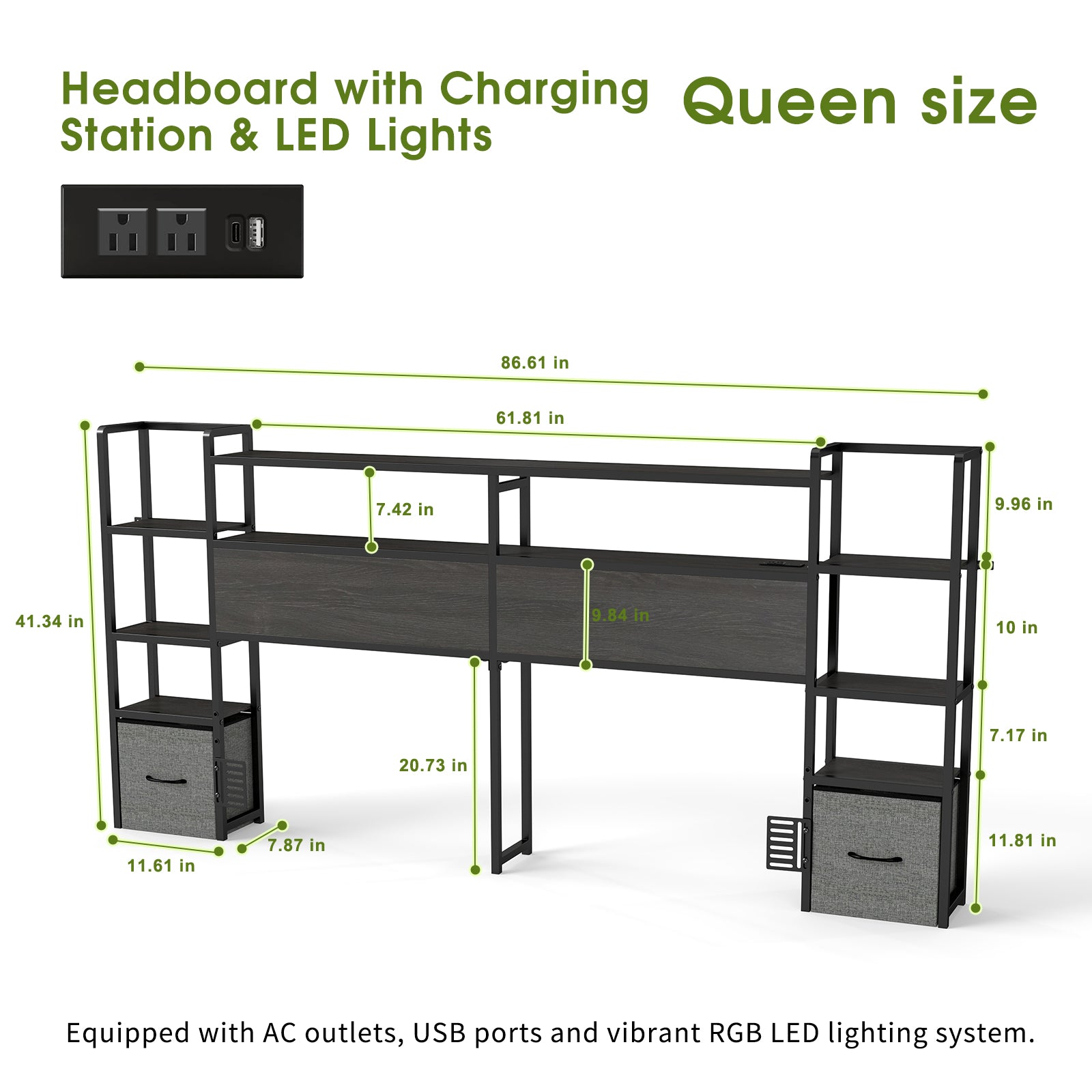 Rustic Grey Headboard with RGB LED, Charging Station,3 Tier Storage Shelves  & 2 Drawers – Fits Full/Queen/King