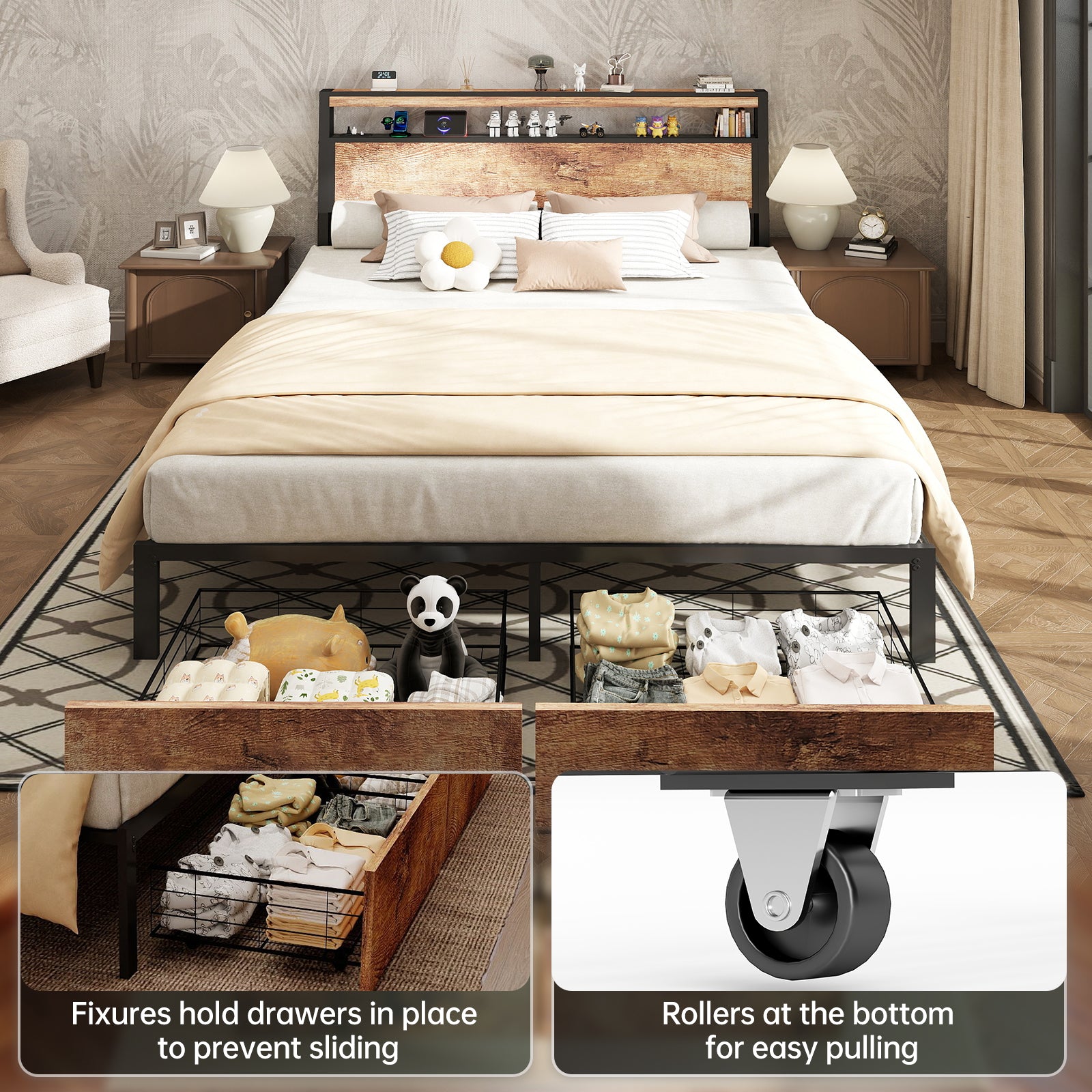 Retro Brown Storage Bed Frame with RGB LED & USB Charging – Full / Queen