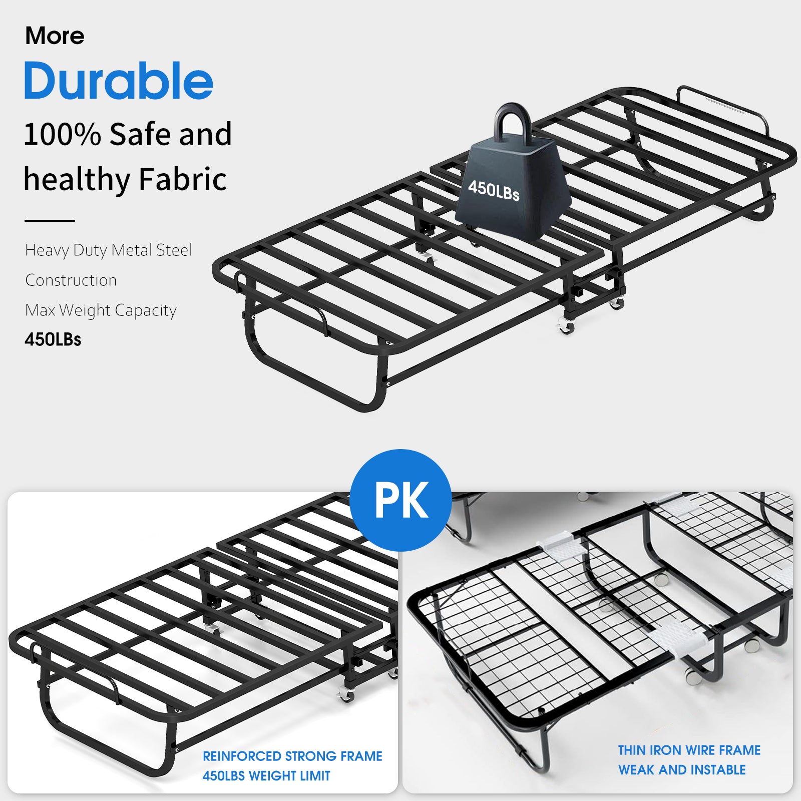 Foldable Guest Bed with Mattress – Rolling Folding Bed Frame with Locking Wheels – Guest & Roll Away Bed