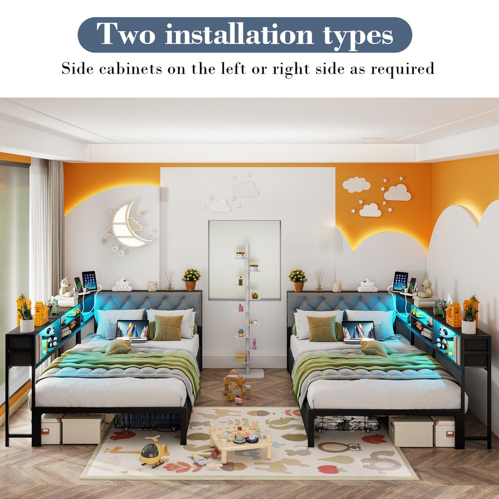 Corner Bed Frame with Storage Bookcase and LED Lights