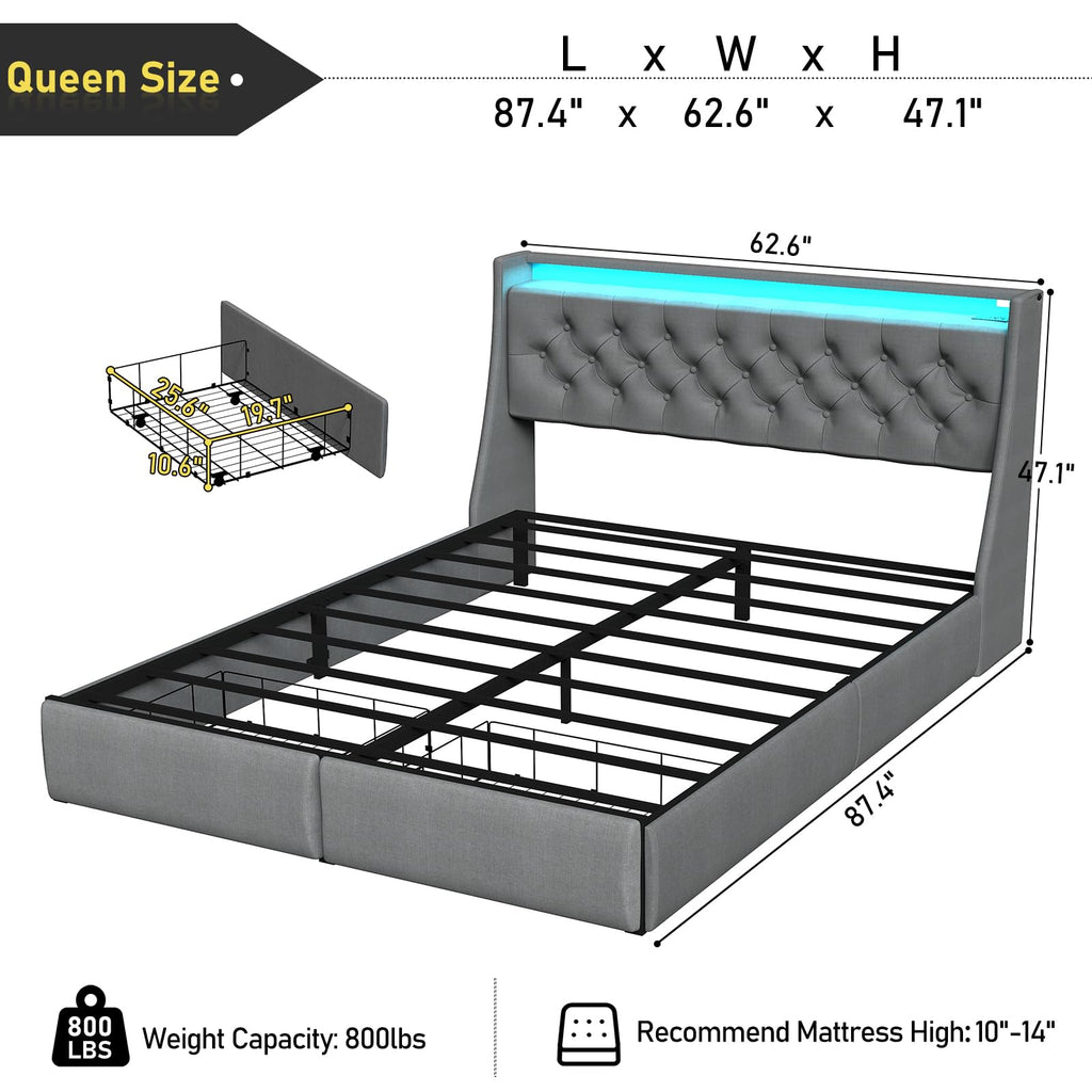 Queen Bed Frame with Storage Headboard and Drawers, Bed Frame Platform with LED Light, Charging Station, No Box Spring Needed, Noise Free, Easy Assembly, Grey