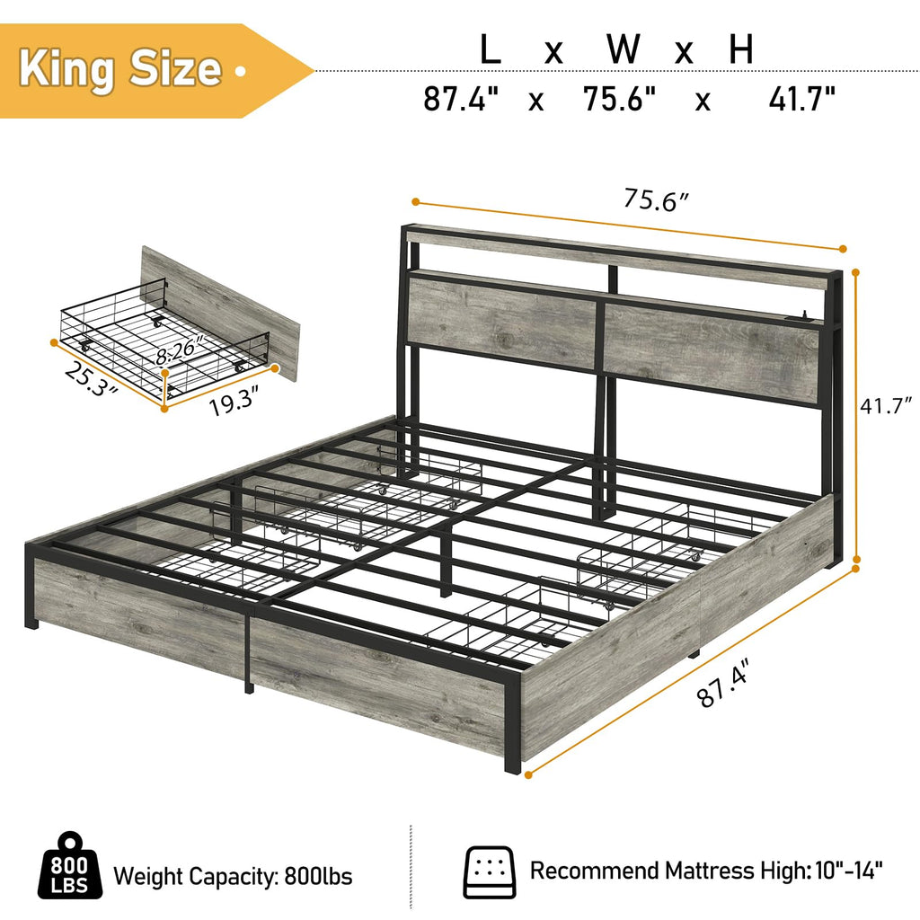 Metal Platform King Bed Frame Wood with 4 Drawers, LED Light, Charging Station, No Box Spring Needed, Noise Free, Easy Assembly, Grey