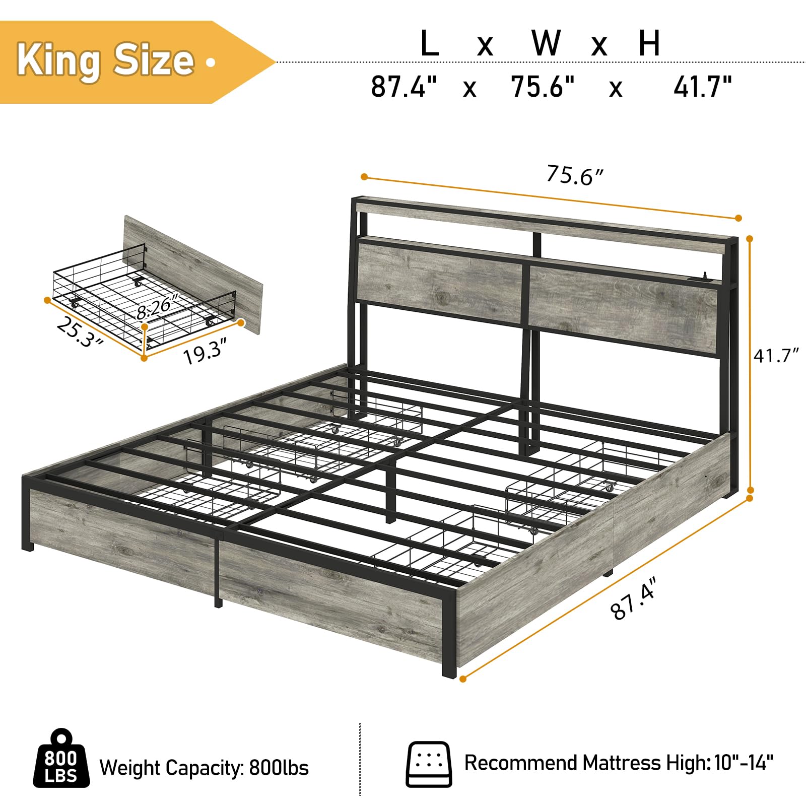 Metal Platform King Bed Frame Wood with 4 Drawers, LED Light, Charging Station, No Box Spring Needed, Noise Free, Easy Assembly, Grey