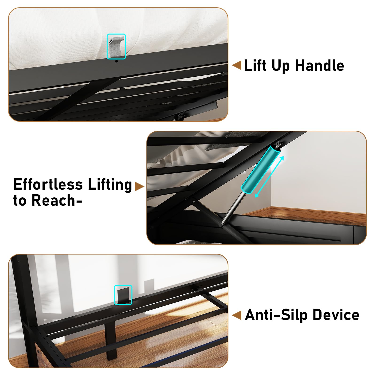 Metal Platform King Bed Frame Wood with 4 Drawers, LED Light, Charging Station, No Box Spring Needed, Noise Free, Easy Assembly, Grey