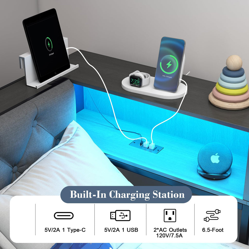 Corner Bed Frame with Storage Bookcase and LED Lights