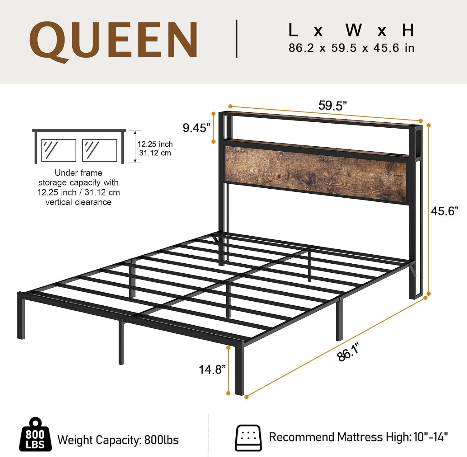 Metal Platform Bed Frame with LED Lights, Charging Station & Under-Bed Storage | Full, Queen & King