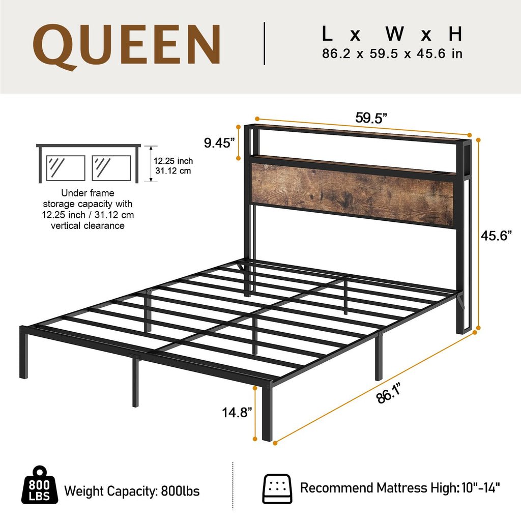 Metal Platform Bed Frame with LED Lights & Charging Station, Under Bed Storage, No Box Spring Needed, Noise Free, Dark Grey