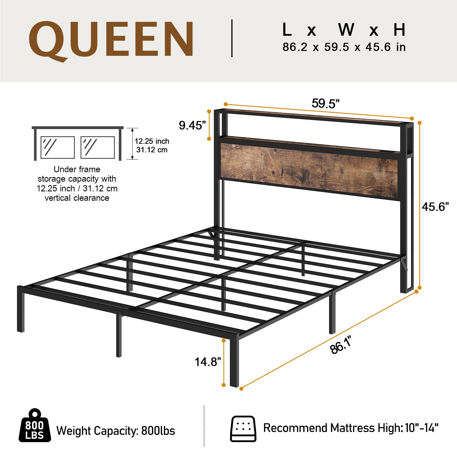 Metal Platform Bed Frame with LED Lights & Charging Station, Under Bed Storage, No Box Spring Needed, Noise Free, Dark Grey
