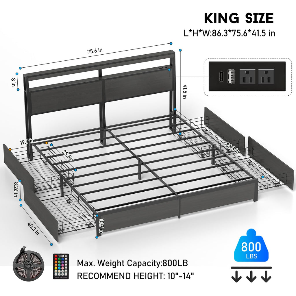 Full Size Lift Up Storage Bed Frame with Charging Station