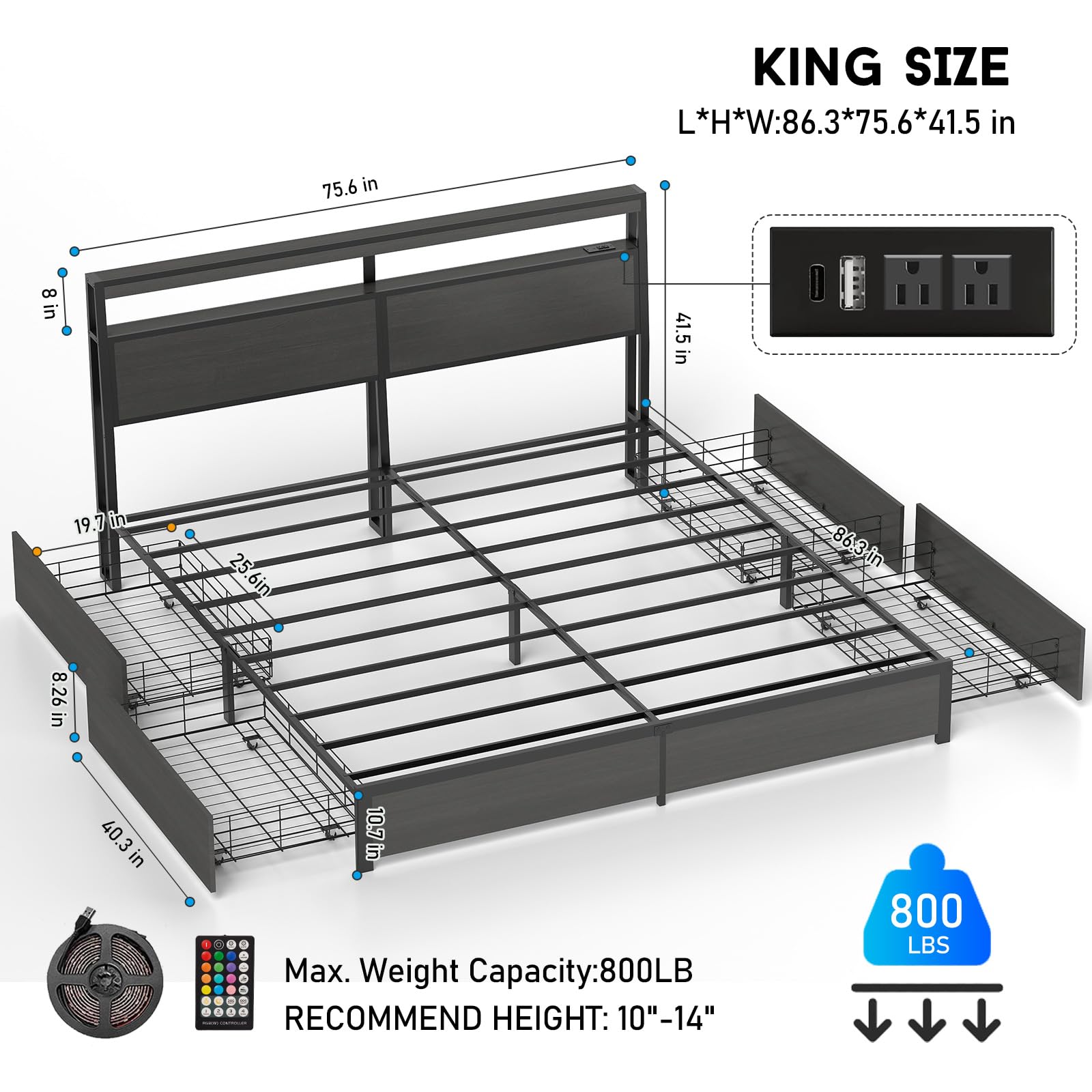 Full Size Lift Up Storage Bed Frame with Charging Station