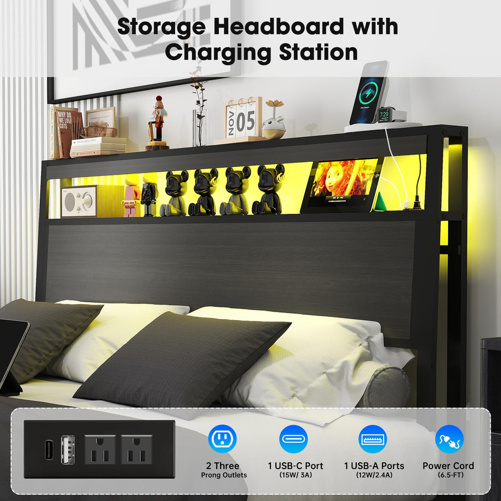 Full Size Lift Up Storage Bed Frame with Charging Station