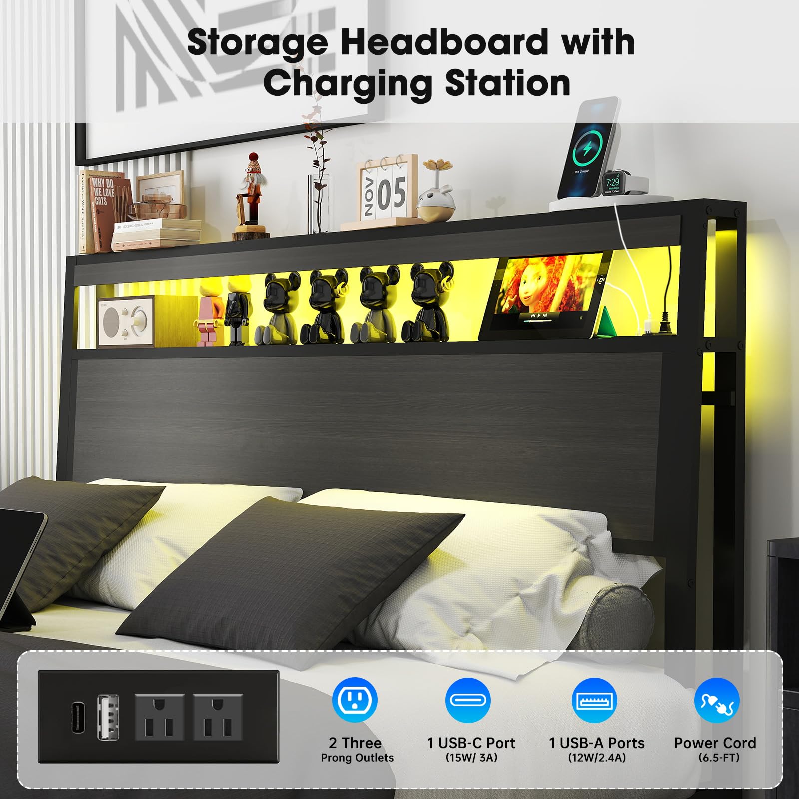 Full Size Lift Up Storage Bed Frame with Charging Station