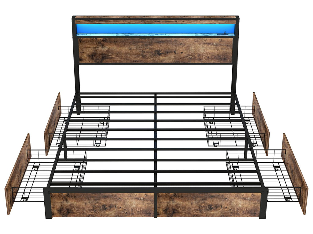 Metal Platform King Bed Frame Wood with 4 Drawers, LED Light, Charging Station, No Box Spring Needed, Noise Free, Easy Assembly, Grey