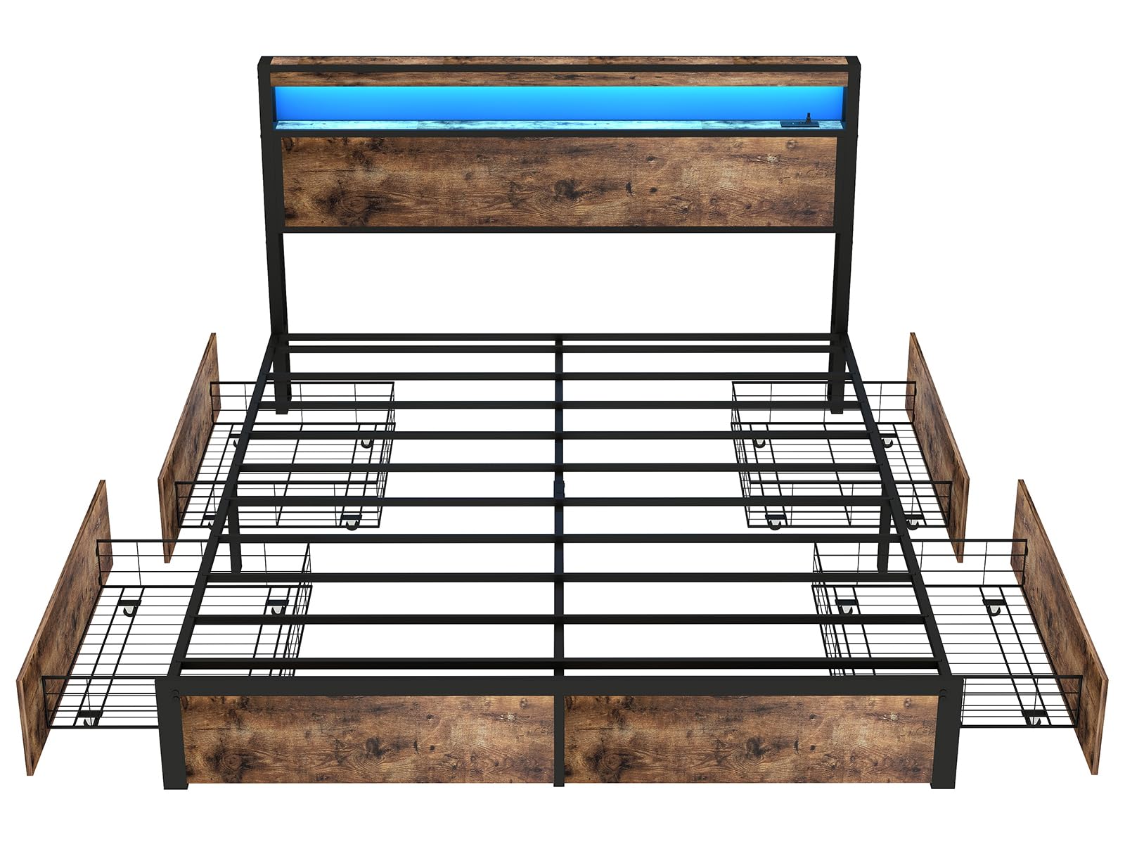 Metal Platform King Bed Frame Wood with 4 Drawers, LED Light, Charging Station, No Box Spring Needed, Noise Free, Easy Assembly, Grey