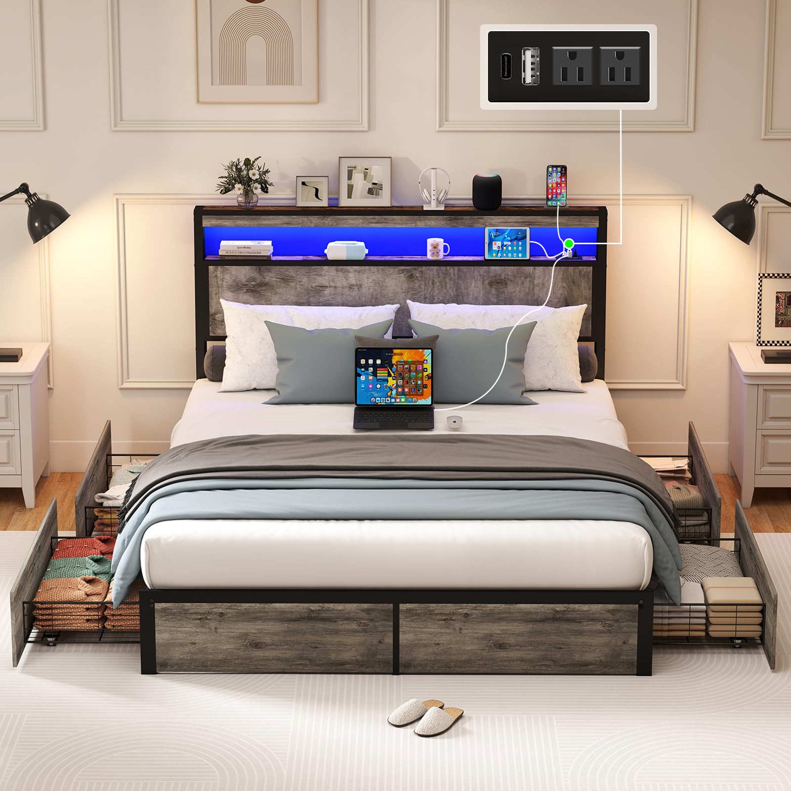 Metal Platform King Bed Frame Wood with 4 Drawers, LED Light, Charging Station, No Box Spring Needed, Noise Free, Easy Assembly, Grey
