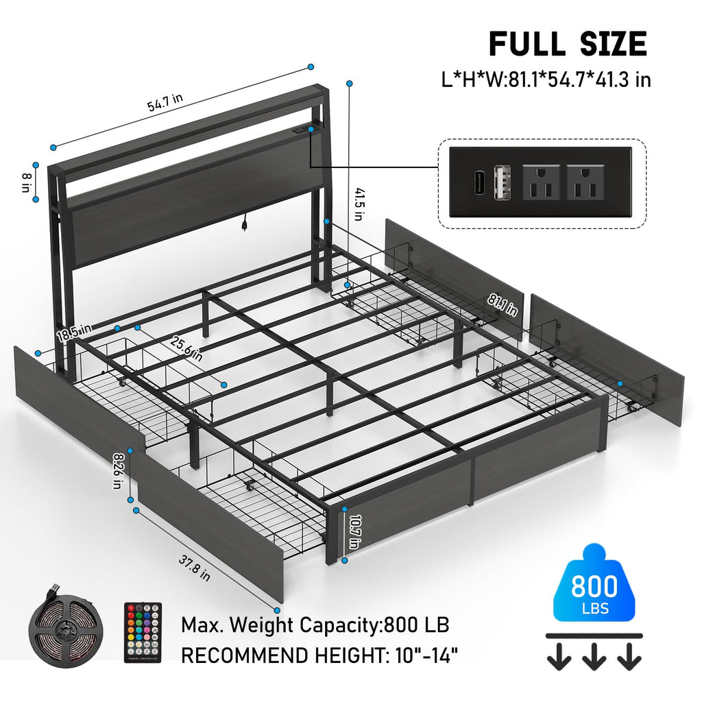 Full Size Lift Up Storage Bed Frame with Charging Station