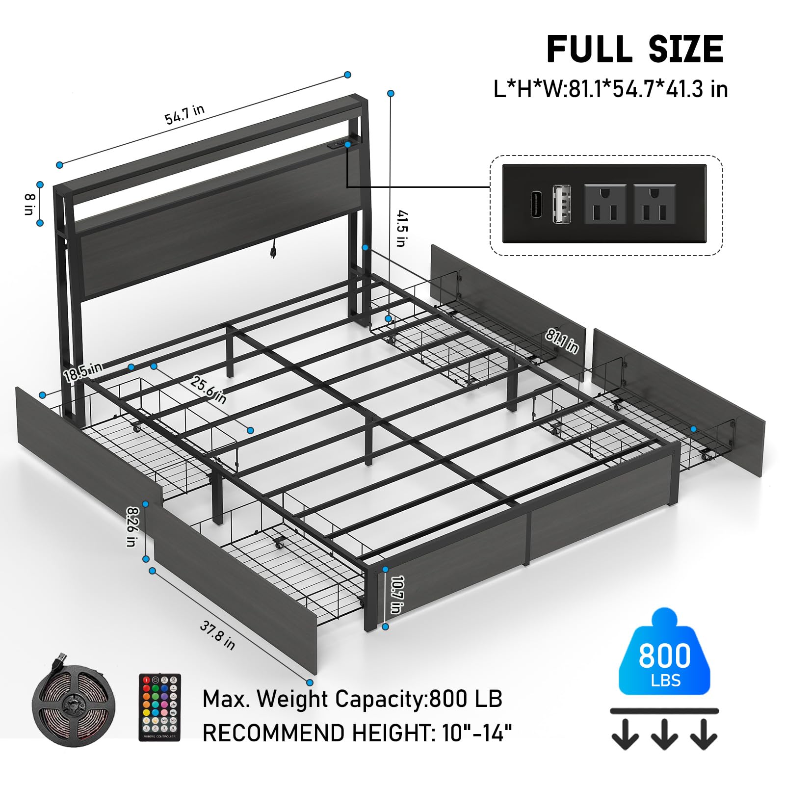 Full Size Lift Up Storage Bed Frame with Charging Station
