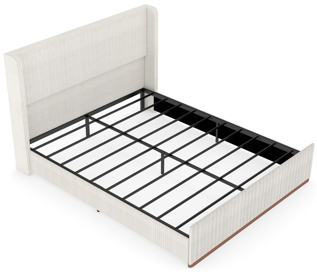 Queen Size Upholstered Platform Bed Frame, Soft Corduroy Bed Frame Queen with 47" Headboard, Solid Steel Slats, No Box Spring Needed, Noise Free, Easy Assembly, Cream