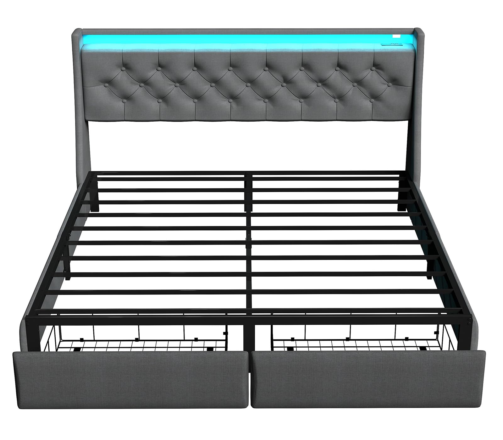 Queen Bed Frame with Storage Headboard and Drawers, Bed Frame Platform with LED Light, Charging Station, No Box Spring Needed, Noise Free, Easy Assembly, Grey