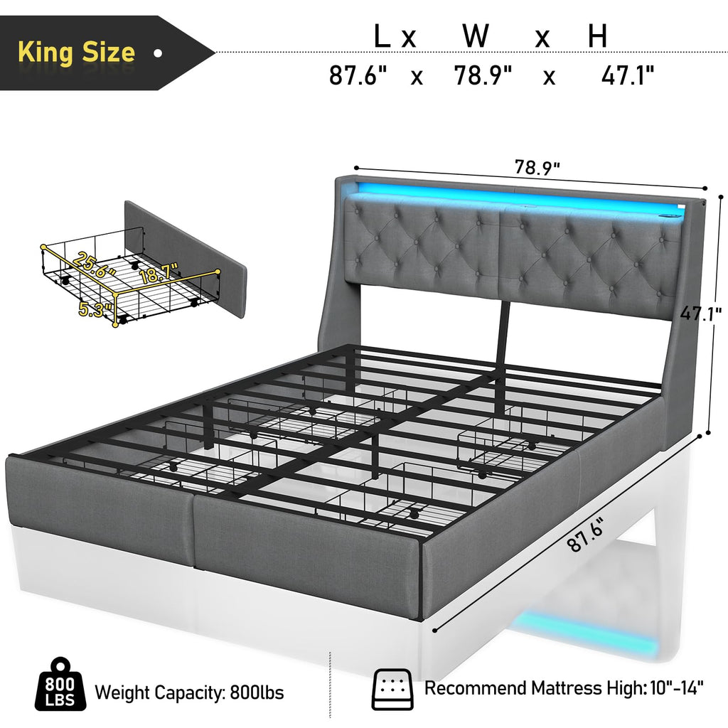 Queen Bed Frame with Storage Headboard and Drawers, Bed Frame Platform with LED Light, Charging Station, No Box Spring Needed, Noise Free, Easy Assembly, Grey
