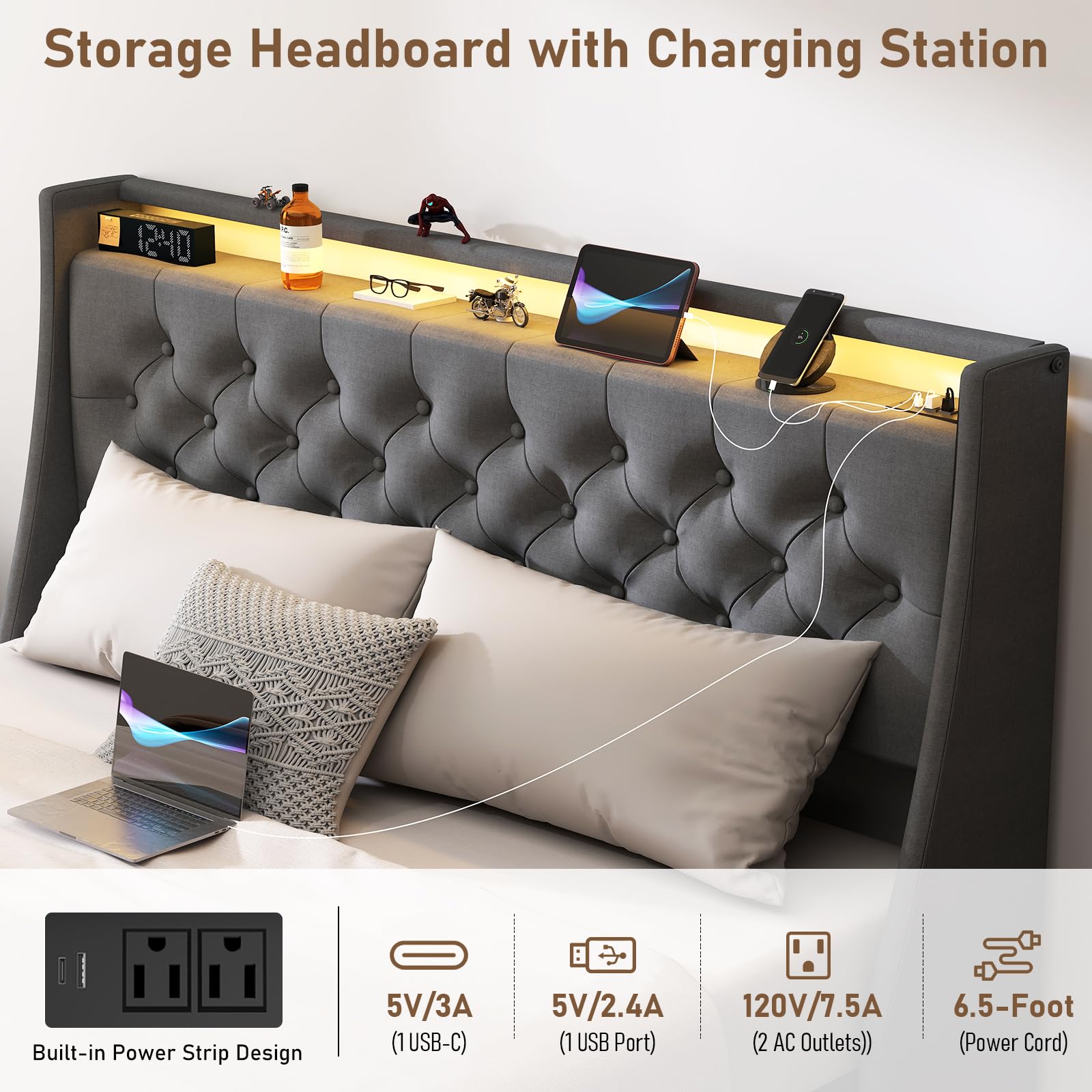 Queen Bed Frame with Storage Headboard and Drawers, Bed Frame Platform with LED Light, Charging Station, No Box Spring Needed, Noise Free, Easy Assembly, Grey