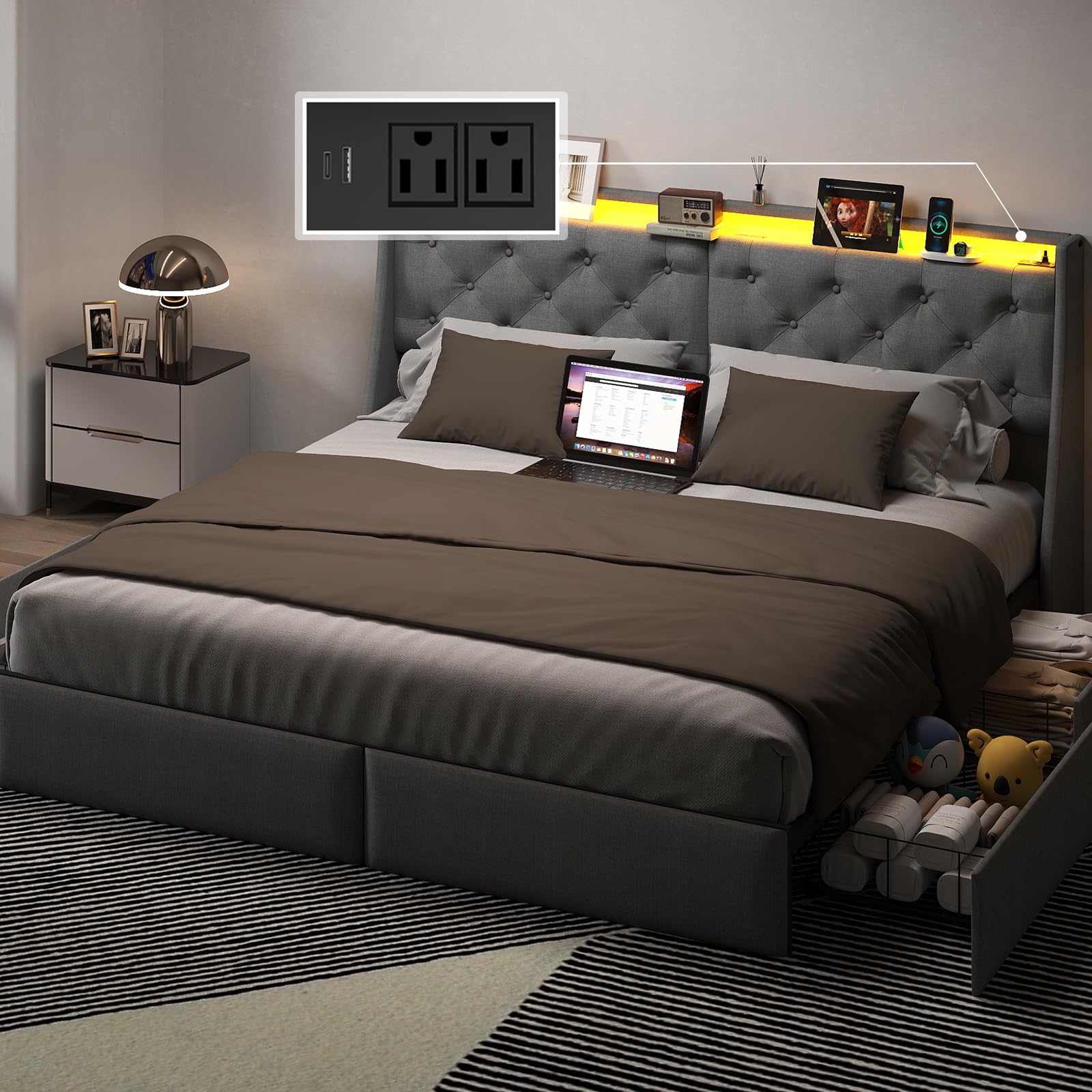 Queen Bed Frame with Headboard and 2 Storage Drawers