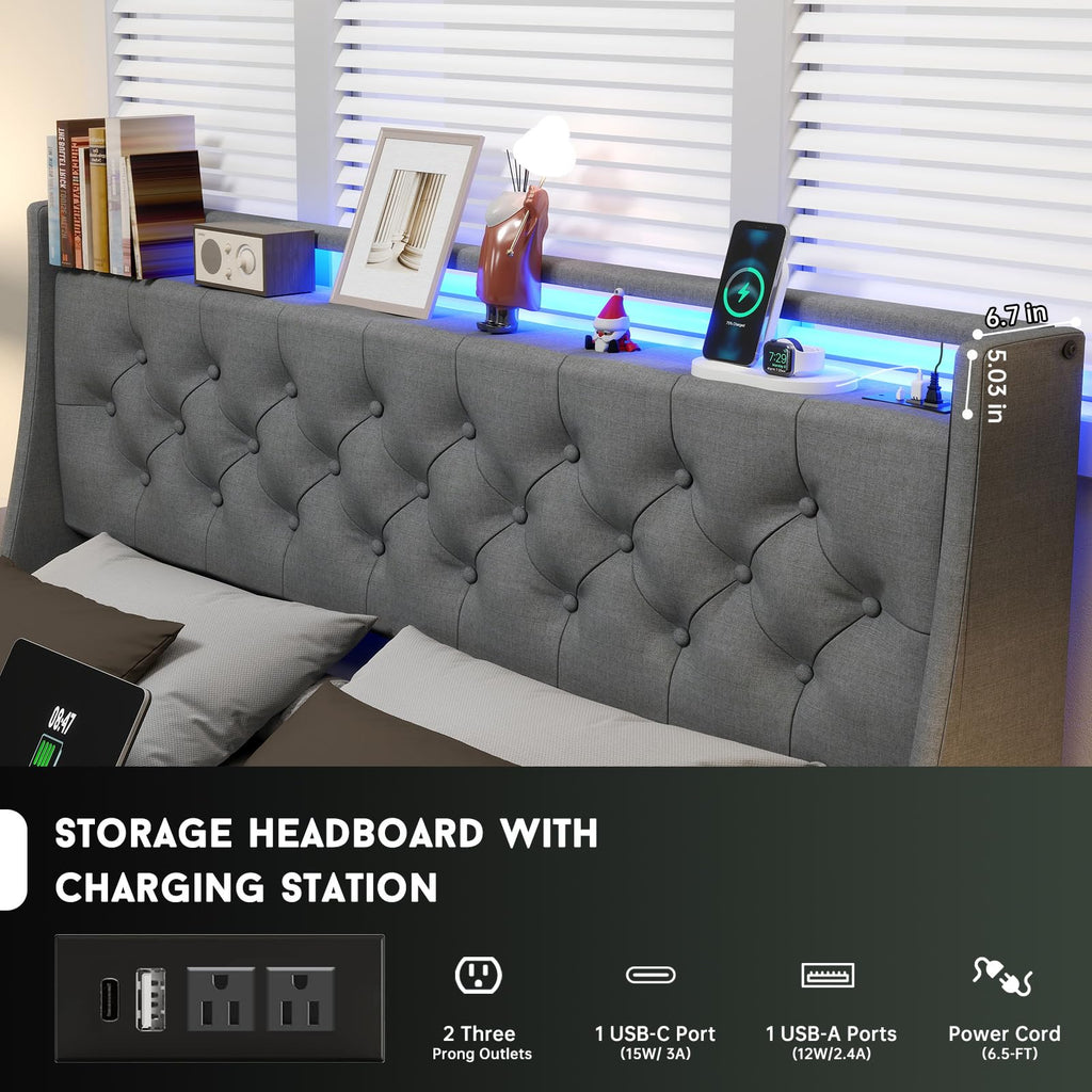 Queen Bed Frame with Headboard and 2 Storage Drawers