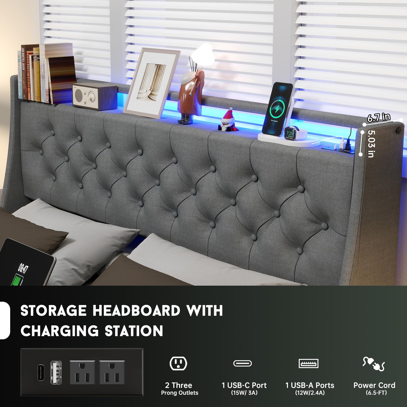 Queen Bed Frame with Headboard and 2 Storage Drawers