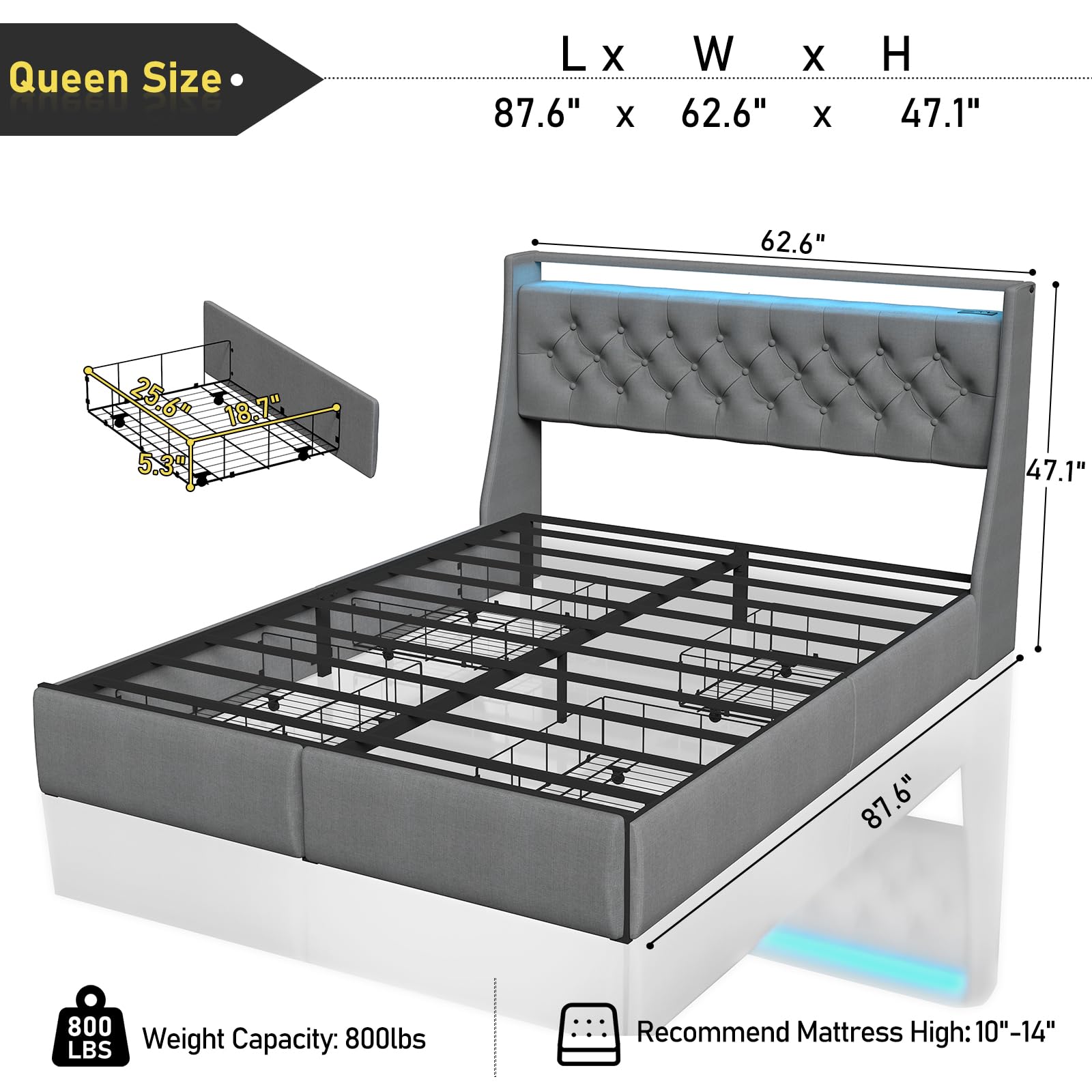 Queen Bed Frame with Storage Headboard and Drawers, Bed Frame Platform with LED Light, Charging Station, No Box Spring Needed, Noise Free, Easy Assembly, Grey