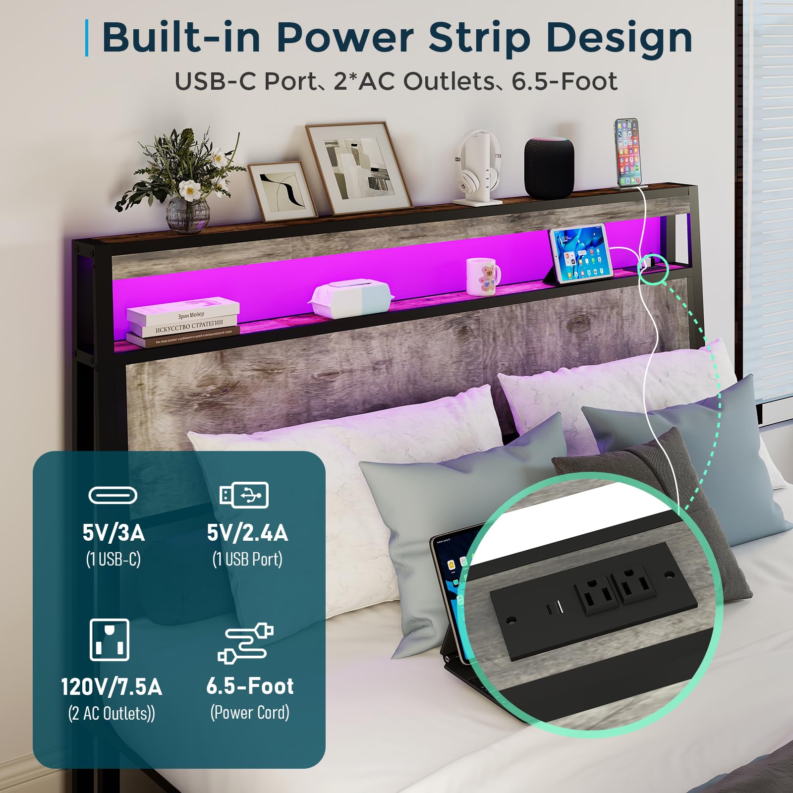 Metal Platform King Bed Frame Wood with 4 Drawers, LED Light, Charging Station, No Box Spring Needed, Noise Free, Easy Assembly, Grey