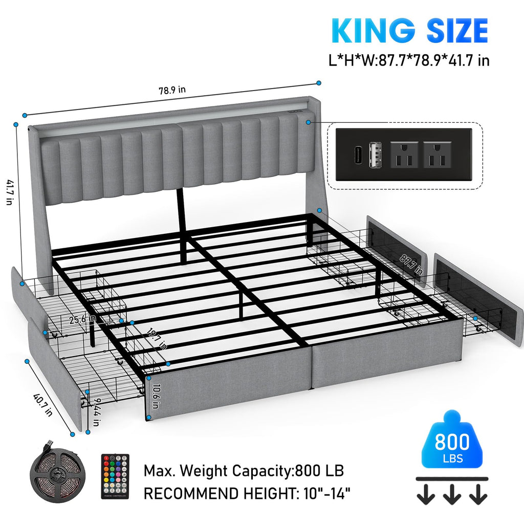 Queen Bed Frame with Headboard and 2 Storage Drawers