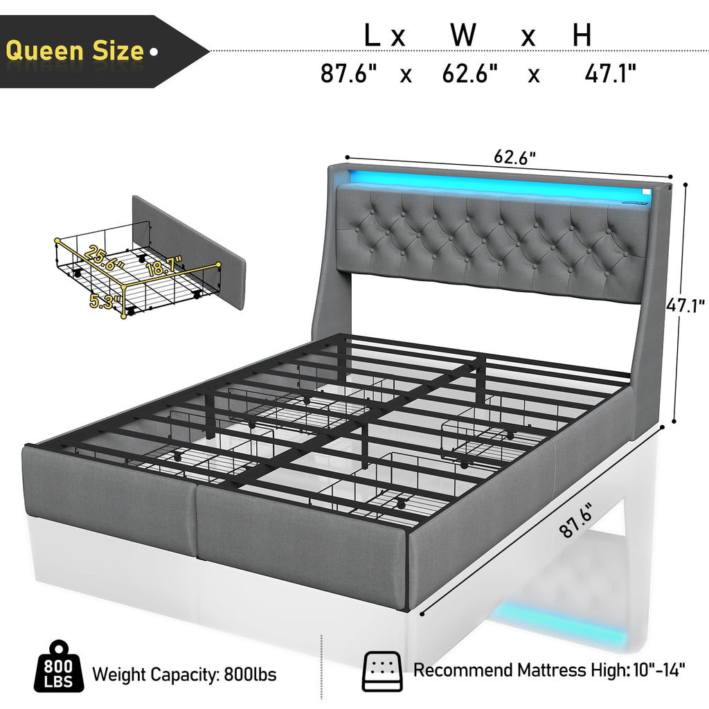 Queen Bed Frame with Storage Headboard and Drawers, Bed Frame Platform with LED Light, Charging Station, No Box Spring Needed, Noise Free, Easy Assembly, Grey