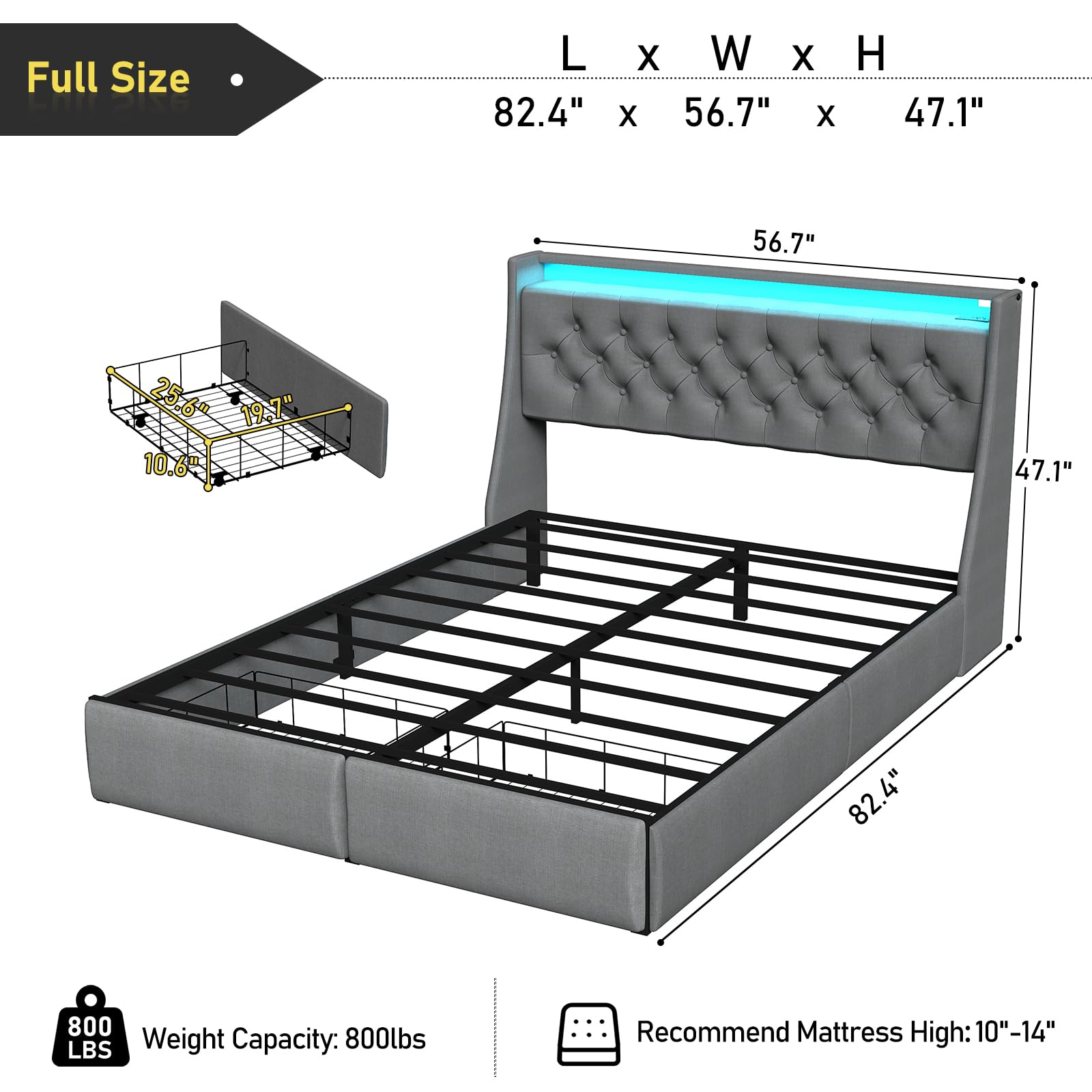 Queen Bed Frame with Storage Headboard and Drawers, Bed Frame Platform with LED Light, Charging Station, No Box Spring Needed, Noise Free, Easy Assembly, Grey