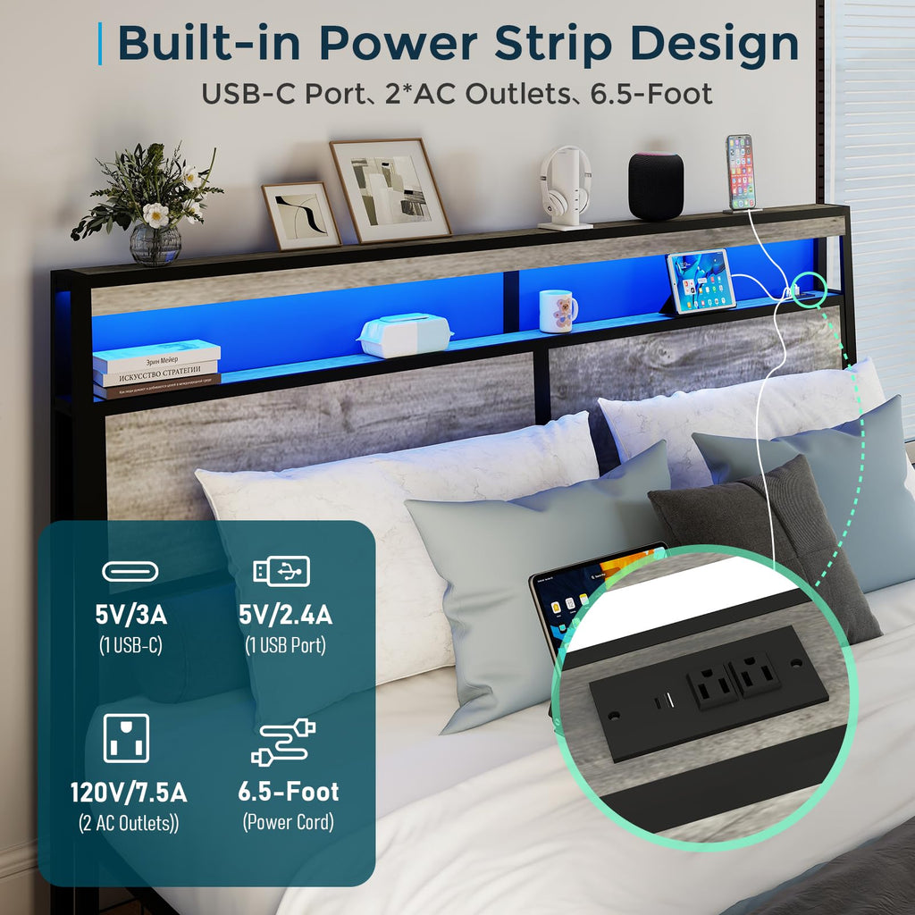 Metal Platform King Bed Frame Wood with 4 Drawers, LED Light, Charging Station, No Box Spring Needed, Noise Free, Easy Assembly, Grey