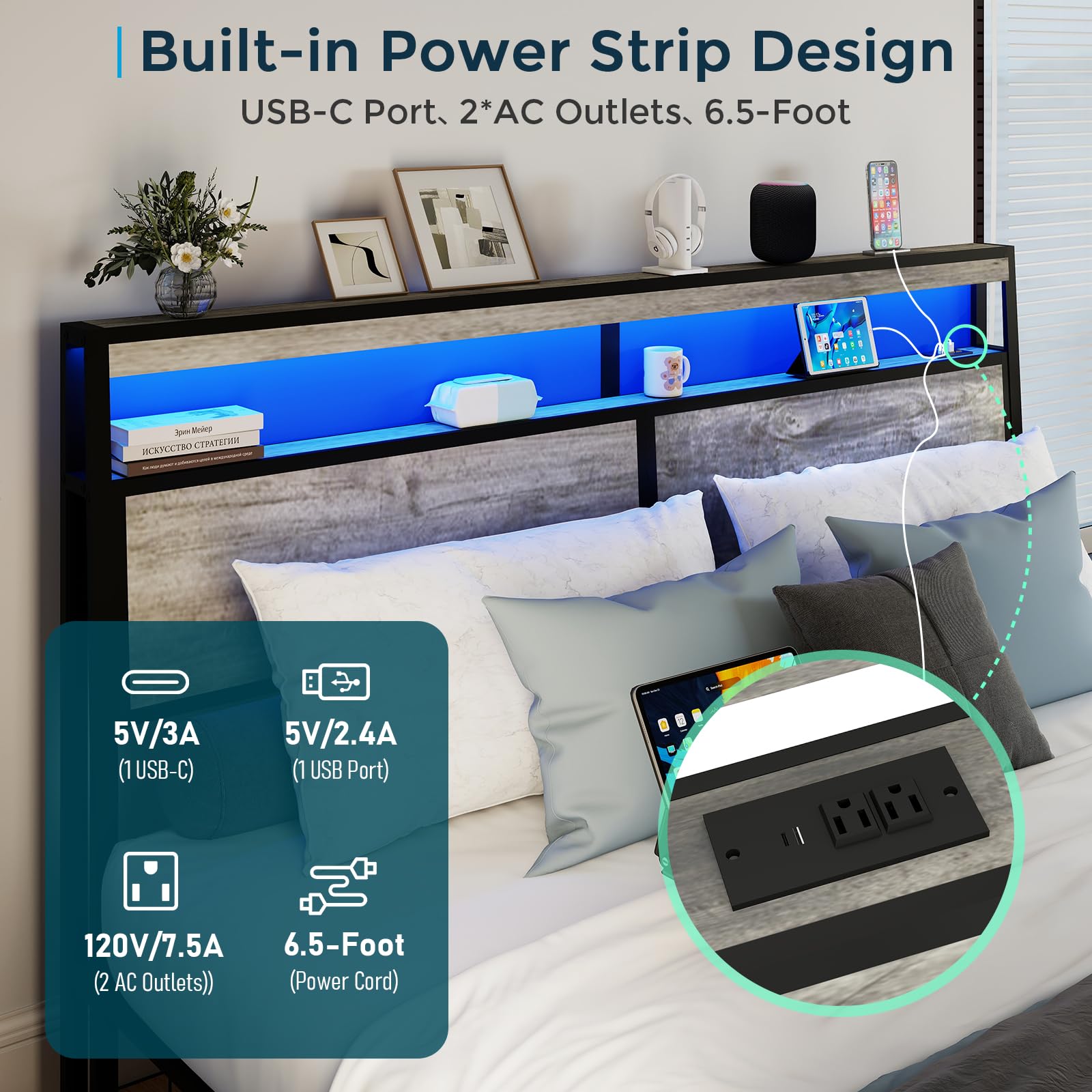 Metal Platform King Bed Frame Wood with 4 Drawers, LED Light, Charging Station, No Box Spring Needed, Noise Free, Easy Assembly, Grey