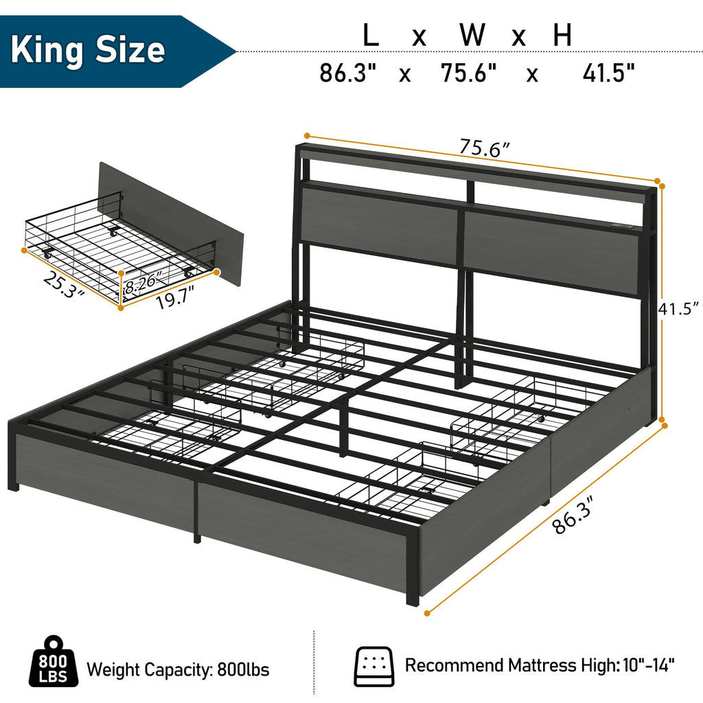 Metal Platform King Bed Frame Wood with 4 Drawers, LED Light, Charging Station, No Box Spring Needed, Noise Free, Easy Assembly, Grey
