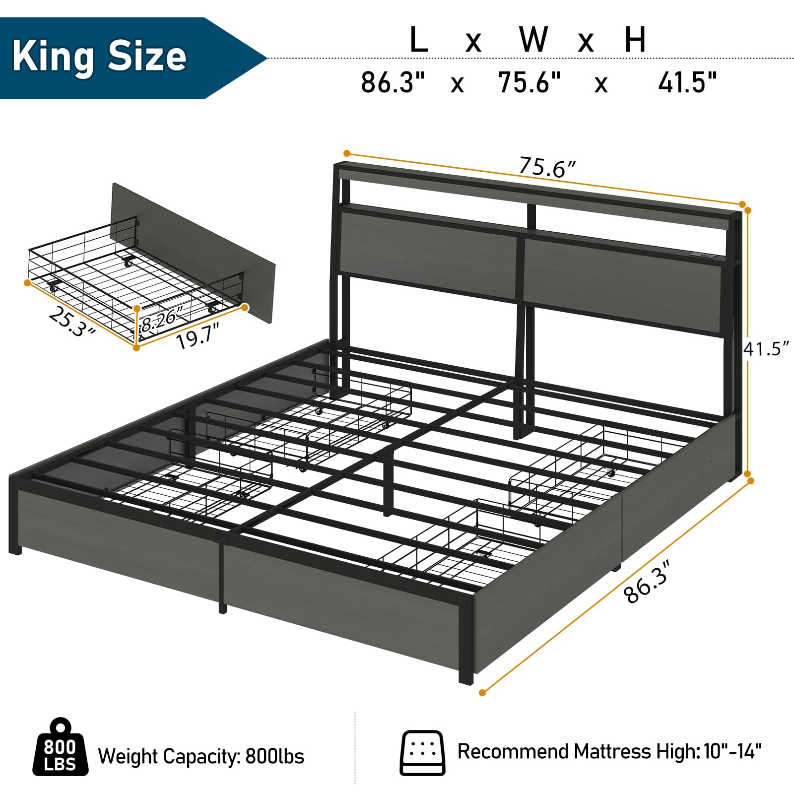 Metal Platform King Bed Frame Wood with 4 Drawers, LED Light, Charging Station, No Box Spring Needed, Noise Free, Easy Assembly, Grey