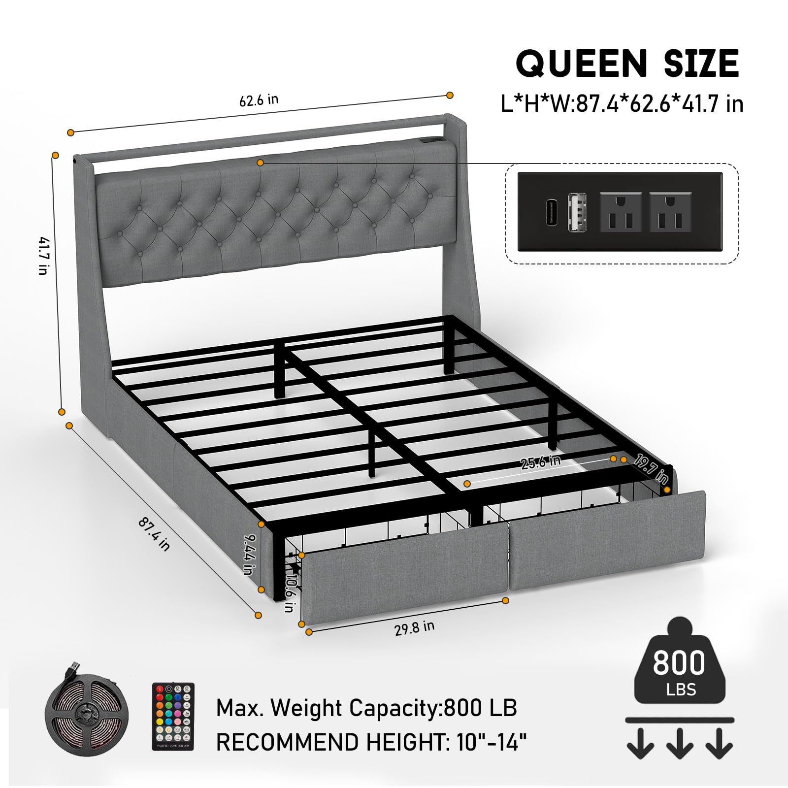 Queen Bed Frame with Headboard and 2 Storage Drawers
