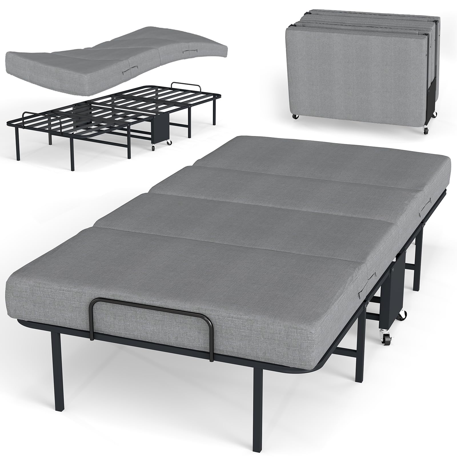 Folding Bed with Mattress for Adults, Portable Foldable Roll Away Bed on Wheels