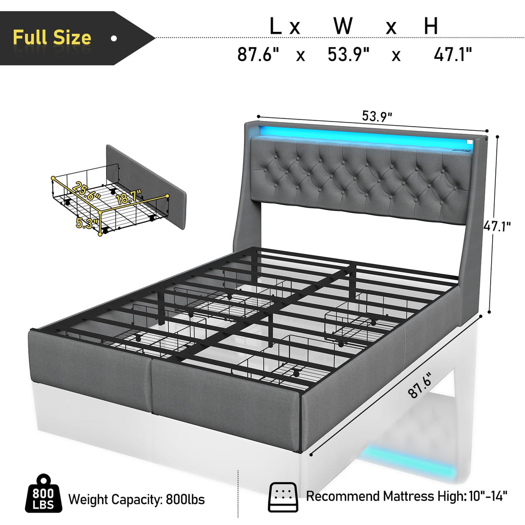 Queen Bed Frame with Storage Headboard and Drawers, Bed Frame Platform with LED Light, Charging Station, No Box Spring Needed, Noise Free, Easy Assembly, Grey