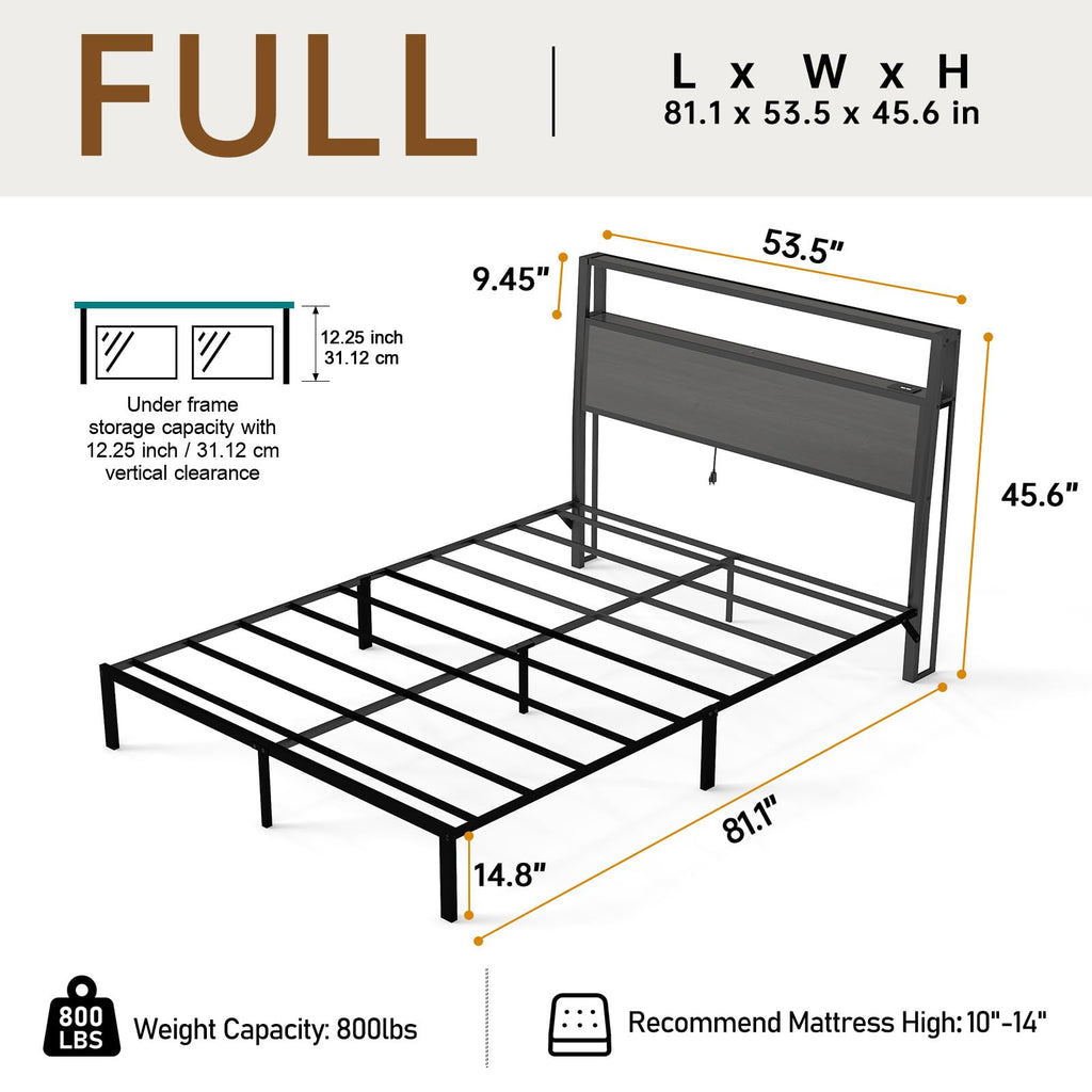 Metal Platform Bed Frame with LED Lights & Charging Station, Under Bed Storage, No Box Spring Needed, Noise Free, Dark Grey