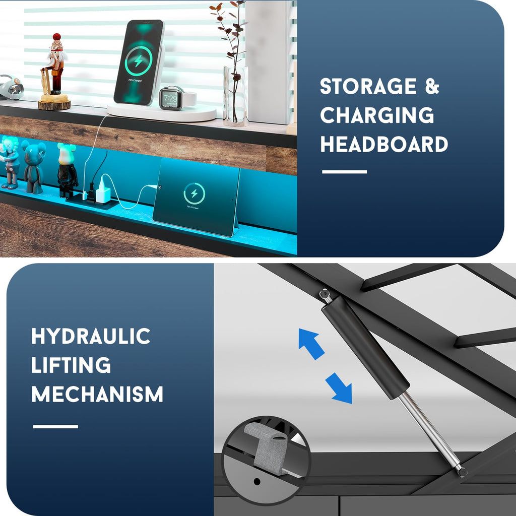 Full Size Lift Up Storage Bed Frame with Charging Station