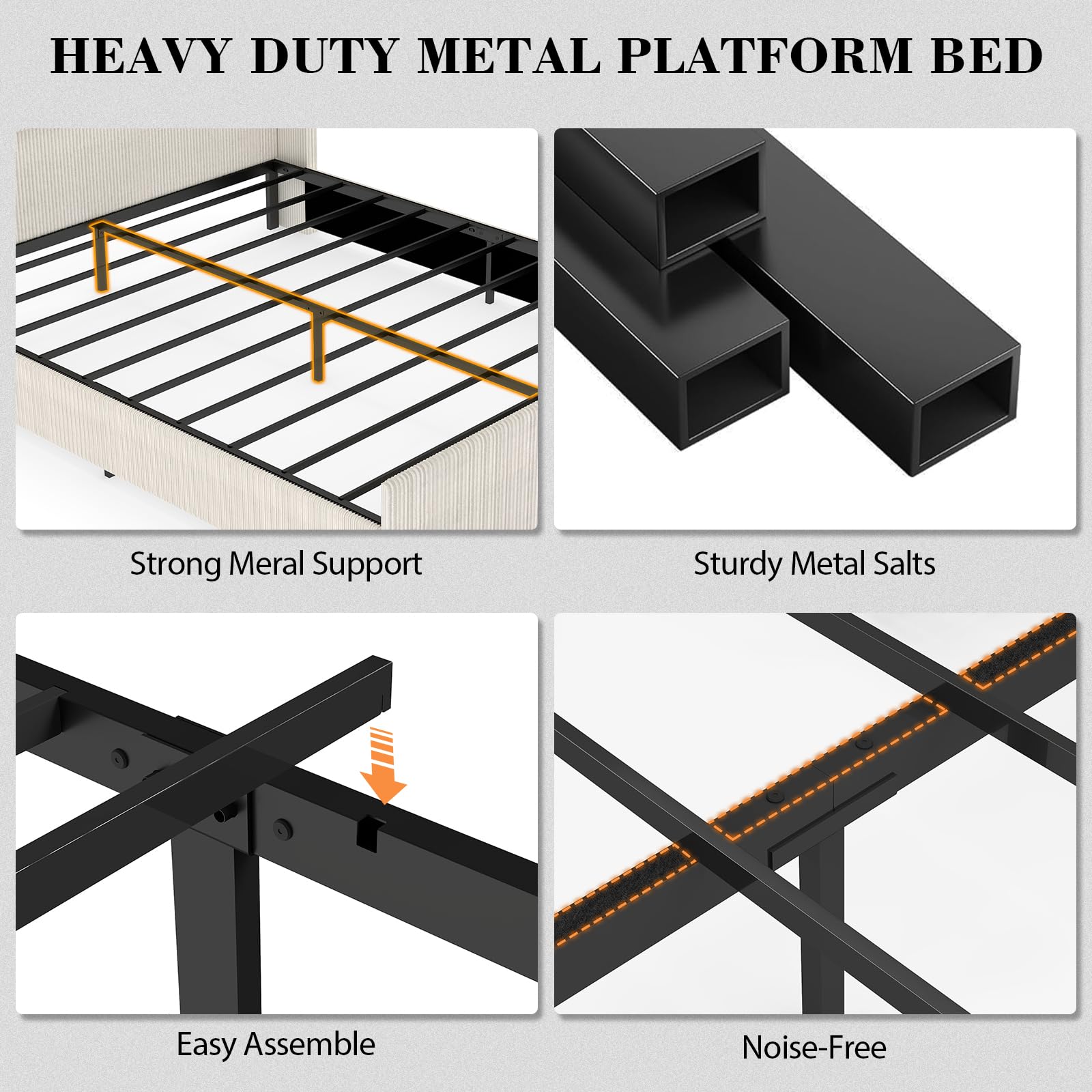 Queen Size Upholstered Platform Bed Frame, Soft Corduroy Bed Frame Queen with 47" Headboard, Solid Steel Slats, No Box Spring Needed, Noise Free, Easy Assembly, Cream