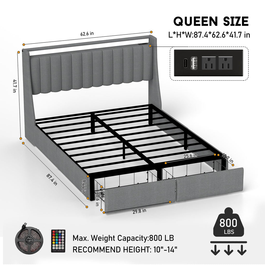 Queen Bed Frame with Headboard and 2 Storage Drawers