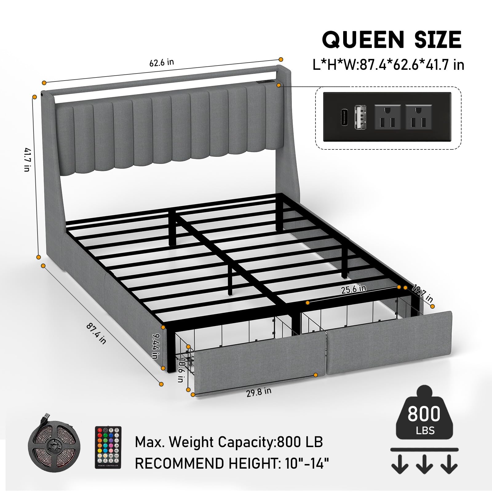 Queen Bed Frame with Headboard and 2 Storage Drawers