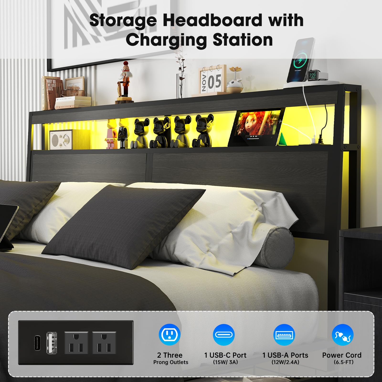 Full Size Lift Up Storage Bed Frame with Charging Station