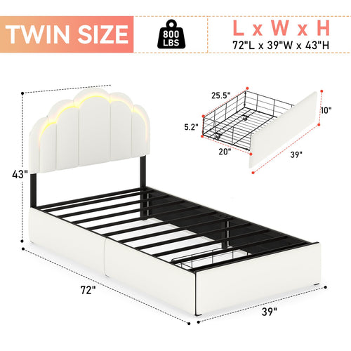 Girls Velvet Platform Bed with Wavy Headboard, RGB LED Lights & Storage Drawers | Twin & Full