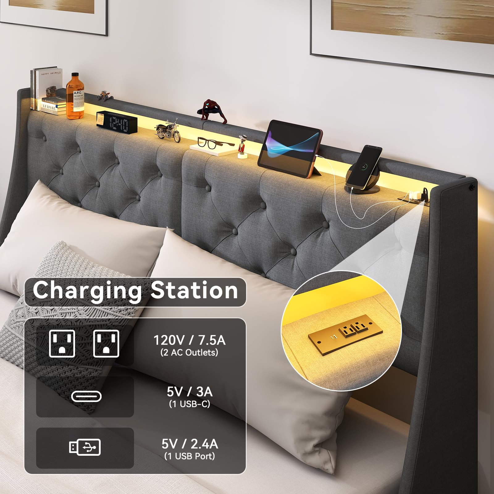 Queen Bed Frame with Storage Headboard and Drawers, Bed Frame Platform with LED Light, Charging Station, No Box Spring Needed, Noise Free, Easy Assembly, Grey